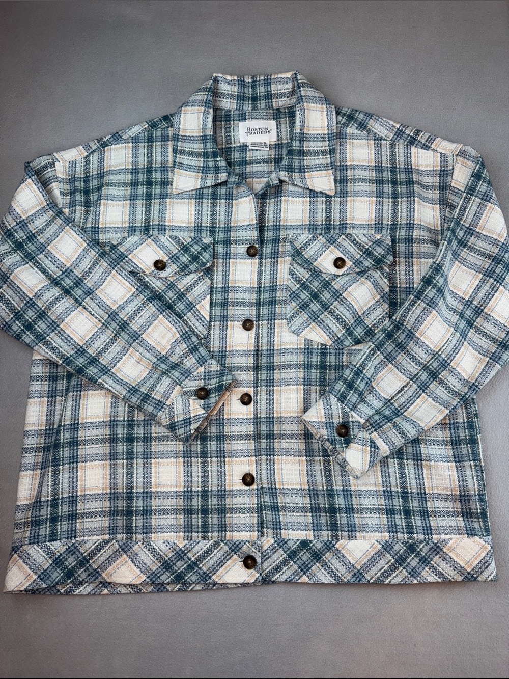 Boston Traders Blue Cream Plaid Trucker Jacket Button Down Shacket Women's XL